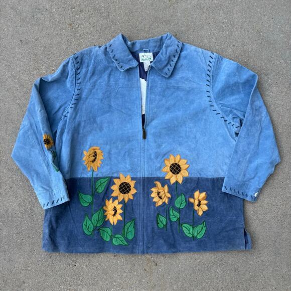 Y2K Quacker Factory Blue Suede Fall Sunflowers Genuine Leather Jacket 3X NWT - Picture 1 of 13